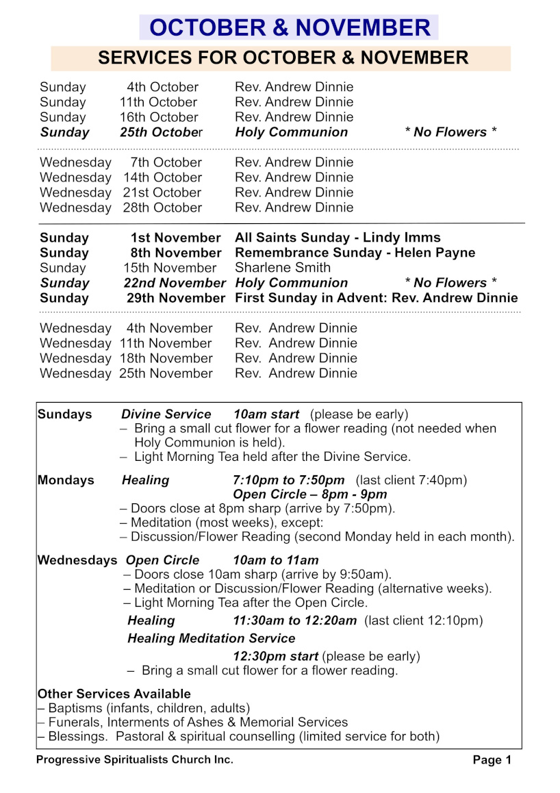 Church Roster - October/November 2026